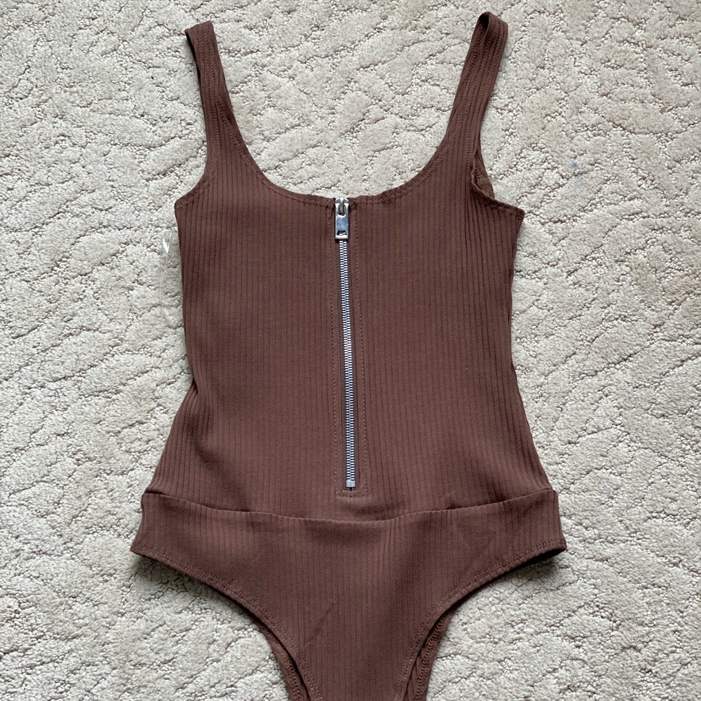 Brown Ribbed Zip-Front Women's Tank Bodysuit New With tags